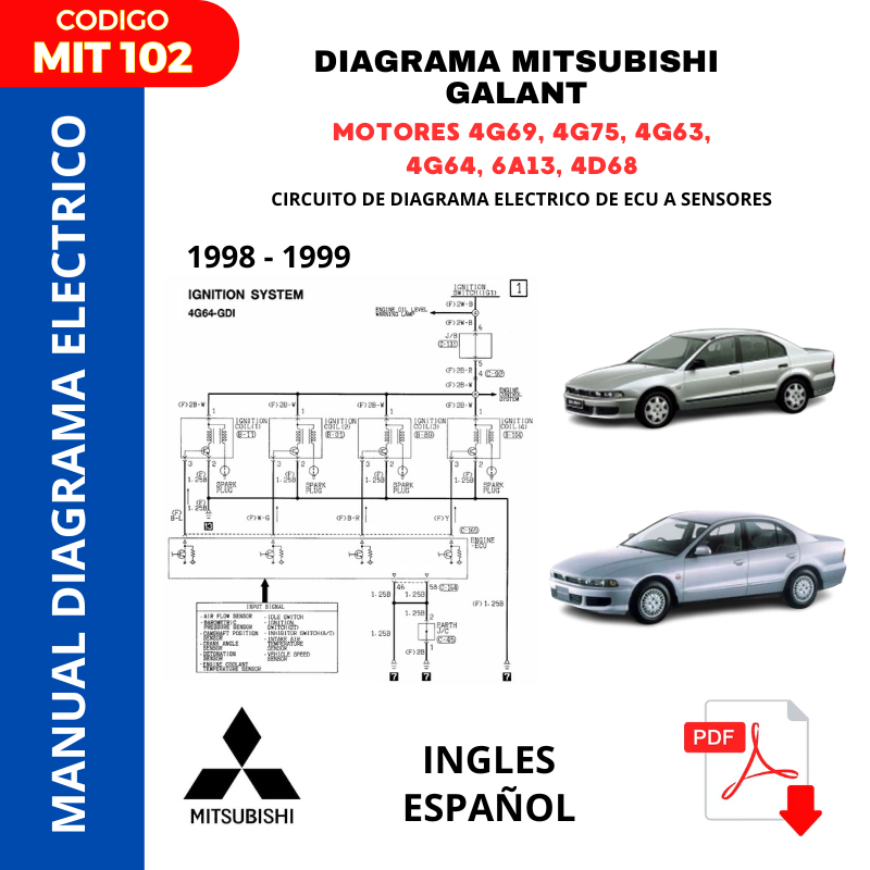 Diagrama Mitsubishi GALANT Motores 4G69, 4G75, 4G63, 4G64, 6A13, 4D68 Año 1998-1999 código. MIT 102